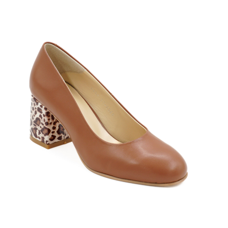 Pantofi dama din piele naturala maro coniac cu varf rotund si toc mic gros imbracat de 6 cm 6065-3-26 [1]
