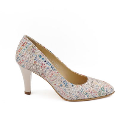 Pantofi dama - Pantofi dama din piele naturala nude cu imprimeu, cu varf ascutit si toc mediu gros de 7 cm 0449-8-26