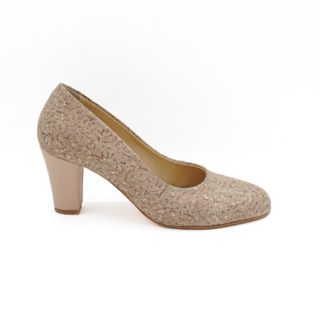Pantofi dama din piele naturala nude cu imprimeu, cu varf rotund si toc mic gros imbracat 6 cm 6052-2-26 [0]
