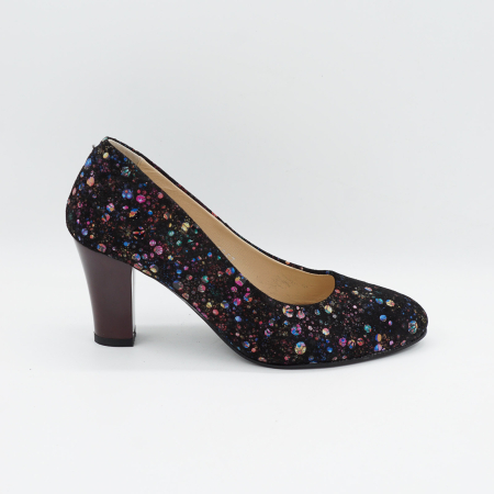 Pantofi dama - Pantofi dama din piele naturala neagra cu imprimeu, cu varf rotund si toc mic gros 6 cm 6052-26