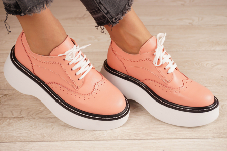 Pantofi dama - Pantofi dama casual din piele naturala nude piersica cu varf rotund si talpa groasa de 4 cm 51521-21