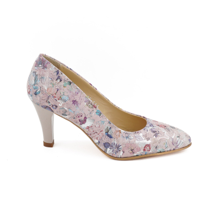 Pantofi dama - Pantofi dama din piele naturala nude roze cu imprimeu, cu varf ascutit si toc mediu gros de 7 cm 0449-6-26
