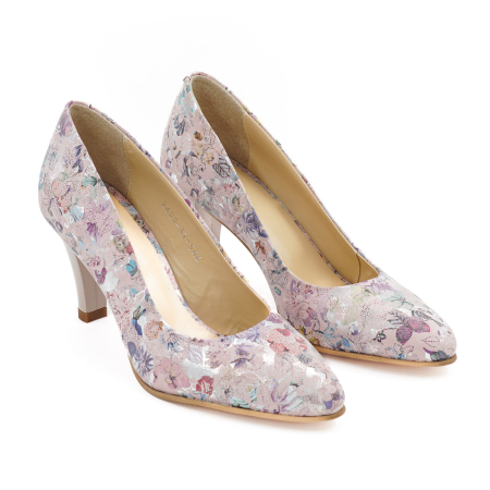 Pantofi dama din piele naturala nude roze cu imprimeu, cu varf ascutit si toc mediu gros de 7 cm 0449-6-26 [2]