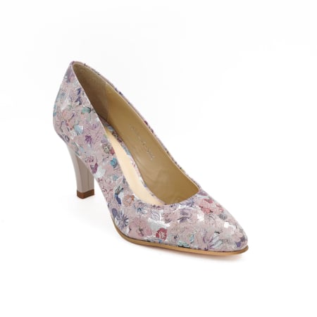 Pantofi dama din piele naturala nude roze cu imprimeu, cu varf ascutit si toc mediu gros de 7 cm 0449-6-26 [1]