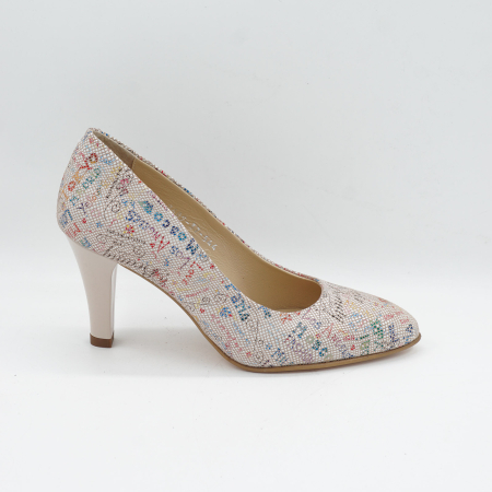 Pantofi dama din piele naturala nude cu imprimeu, cu varf ascutit si toc mediu gros de 7 cm 0449-8-26 [0]