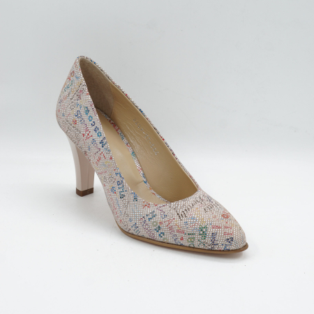 Pantofi dama din piele naturala nude cu imprimeu, cu varf ascutit si toc mediu gros de 7 cm 0449-8-26 [1]