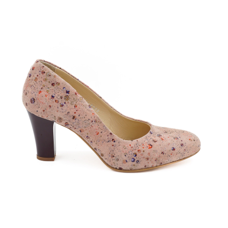 Pantofi dama - Pantofi dama din piele naturala nude roze cu imprimeu, cu varf rotund si toc mediu subtire 8 cm 8052-3-26