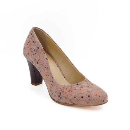 Pantofi dama din piele naturala nude roze cu imprimeu, cu varf rotund si toc mediu subtire 8 cm 8052-3-26 [1]