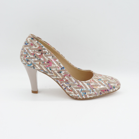 Pantofi dama - Pantofi dama din piele naturala nude roze cu imprimeu, cu varf rotund si toc mediu subtire 8 cm 8052-4-26