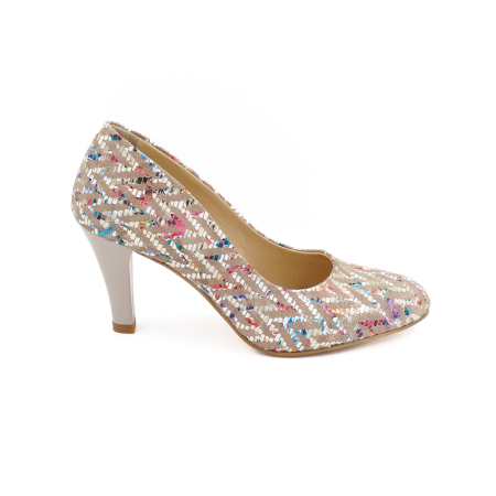 Pantofi dama - Pantofi dama din piele naturala nude roze cu imprimeu, cu varf rotund si toc mediu subtire 8 cm 8052-4-26