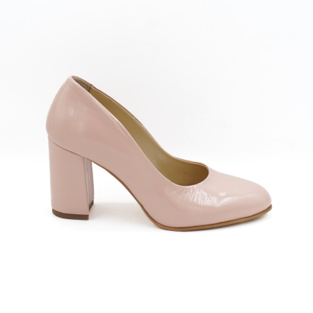 Pantofi elegant & office dama - Pantofi dama din piele naturala lacuita nude roze, cu varf rotund si toc mediu gros imbracat 8 cm 8052-26