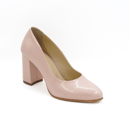 Pantofi dama din piele naturala lacuita nude roze, cu varf rotund si toc mediu gros imbracat 8 cm 8052-26 [1]