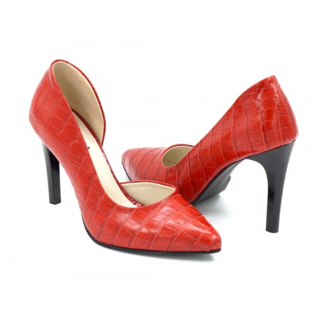 Pantofi dama - Pantofi dama din piele naturala cu imprimeu croco rosu cu varf ascutit stiletto si toc inalt subtire 9 cm 53024-1-25