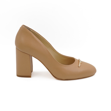 Pantofi dama - Pantofi dama din piele naturala bej inchis,cu varf rotund si toc mediu gros imbracat 8 cm 51624-26
