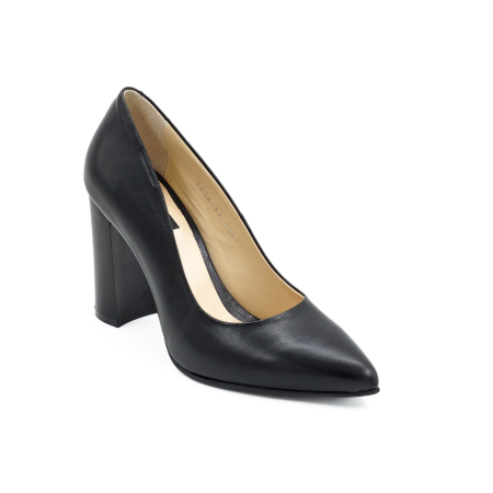Pantofi dama din piele naturala neagra cu varf ascutit stiletto si toc inalt gros de 9 cm 9557-11-26 [1]