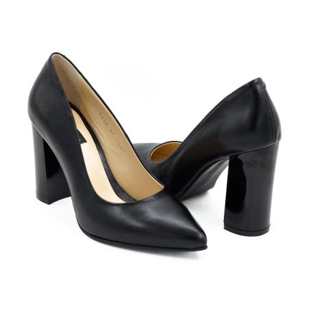 Pantofi dama din piele naturala neagra cu varf ascutit stiletto si toc inalt gros de 9 cm 9557-11-26 [3]