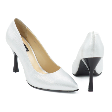 Pantofi dama din piele naturala argintiu sidefat, cu varf ascutit stiletto si toc inalt subtire 9 cm 9557-14-26 [4]