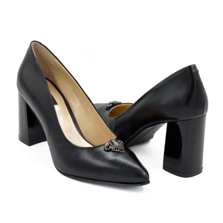 Pantofi dama - Pantofi dama din piele naturala neagra cu varf ascutit stiletto si toc mediu gros 8 cm 51324-26