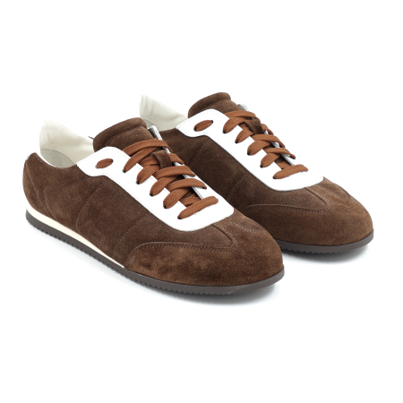 Pantofi dama tip adidas din piele naturala intoarsa maro inchis ciocolata si alba cu varf rotund si talpa de 1 cm 50126-1-26 [1]