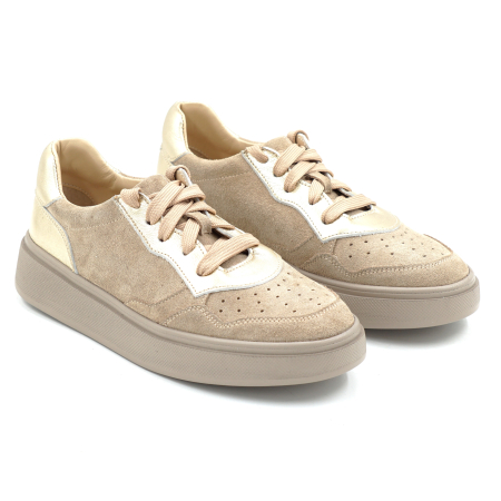 Pantofi dama  tip adidas din piele naturala intoarsa bej cappucino, alb, auriu cu varf rotund si talpa de 2 cm 50526-1-26 [2]