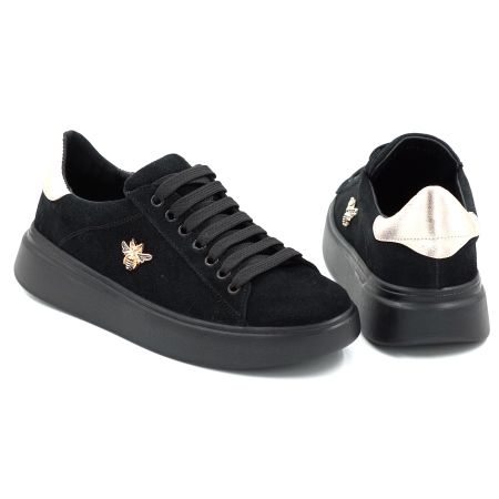 Pantofi dama tip adidas din piele naturala intoarsa neagra si aurie cu varf rotund si talpa de 3 cm 62921-25 [4]