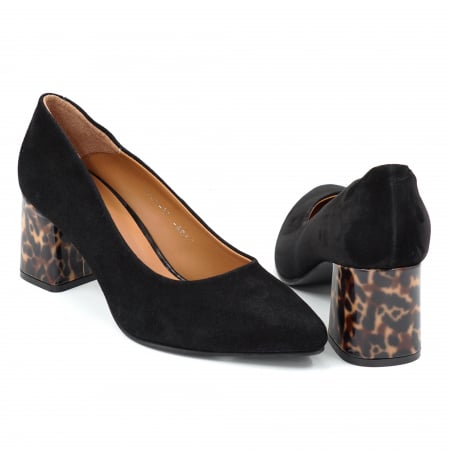 Pantofi dama din piele naturala intoarsa neagra si cu imprimeu animal print cu varf ascutit stileto si toc mic gros imbracat 6 cm 6057-25 [4]