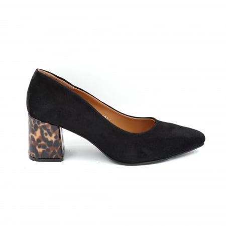 Pantofi elegant & office dama - Pantofi dama din piele naturala intoarsa neagra si cu imprimeu animal print cu varf ascutit stileto si toc mic gros imbracat 6 cm 6057-25
