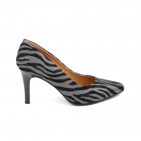 Pantofi dama - Pantofi dama din piele naturala animal print zebra cu dungi argintii cu varf ascutit stileto si toc mediu subtire 7 cm 0445-25