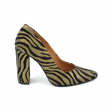 Dama - Pantofi dama din piele naturala cu imprimeu zebra auriu cu negru cu varf ascutit stileto si toc inalt gros imbracat 9 cm 1159-1-25