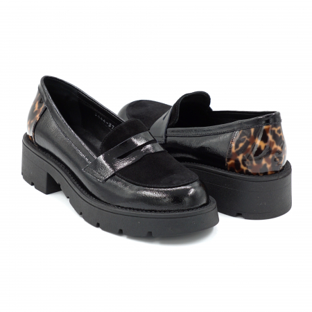 Pantofi dama casual loafers din piele naturala lacuita si intoarsa neagra si cu imprimeu lacuit animal print cu varf rotund si talpa 4 cm 50425-25 [3]