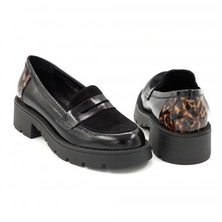 Pantofi dama casual loafers din piele naturala lacuita si intoarsa neagra si cu imprimeu lacuit animal print cu varf rotund si talpa 4 cm 50425-25 [4]