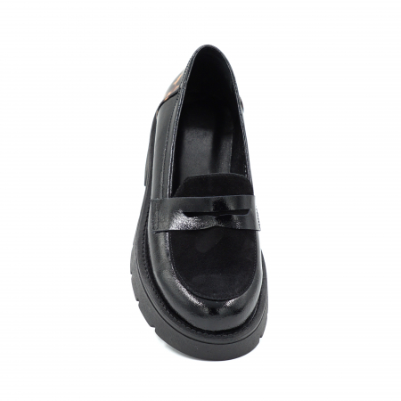 Pantofi dama casual loafers din piele naturala lacuita si intoarsa neagra si cu imprimeu lacuit animal print cu varf rotund si talpa 4 cm 50425-25 [5]