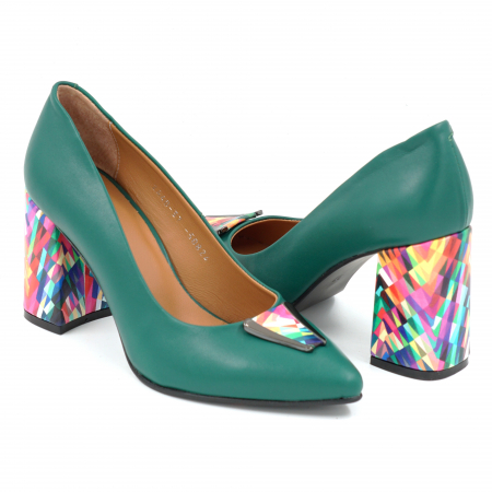 Pantofi elegant & office dama - Pantofi dama din piele naturala verde menta si cu imprimeu multicolor cu  varf ascutit stileto si  toc inalt gros imbracat 8 cm 50824-1-25