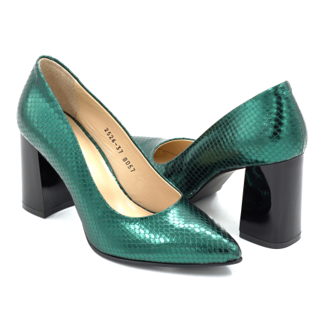Pantofi dama din piele naturala sarpe verde metalizat cu varf ascutit stiletto si toc mediu gros de 8 cm 8057-16-25 [3]