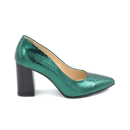 Dama - Pantofi dama din piele naturala sarpe verde metalizat cu varf ascutit stiletto si toc mediu gros de 8 cm 8057-16-25