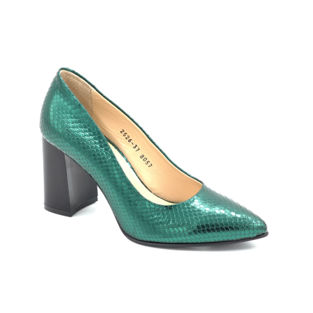 Pantofi dama din piele naturala sarpe verde metalizat cu varf ascutit stiletto si toc mediu gros de 8 cm 8057-16-25 [1]