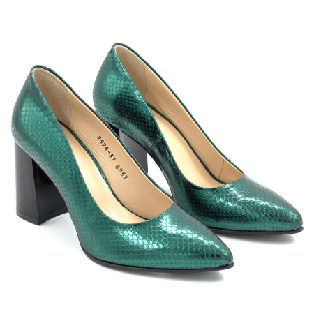 Pantofi dama din piele naturala sarpe verde metalizat cu varf ascutit stiletto si toc mediu gros de 8 cm 8057-16-25 [2]