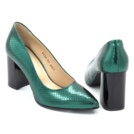 Pantofi dama din piele naturala sarpe verde metalizat cu varf ascutit stiletto si toc mediu gros de 8 cm 8057-16-25 [4]