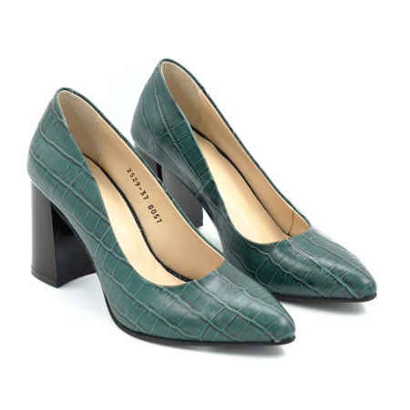 Pantofi dama din piele naturala croco verde cu varf ascutit stiletto si toc mediu gros de 8 cm 8057-18-25 [2]
