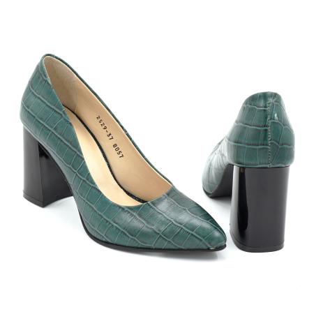Pantofi dama din piele naturala croco verde cu varf ascutit stiletto si toc mediu gros de 8 cm 8057-18-25 [4]