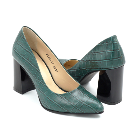 Pantofi dama din piele naturala croco verde cu varf ascutit stiletto si toc mediu gros de 8 cm 8057-18-25 [3]