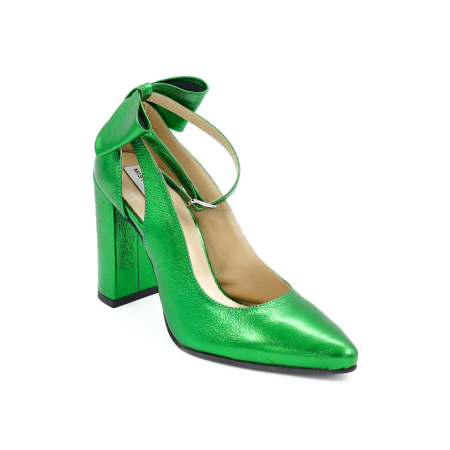 Pantofi dama din piele naturala verde deschis metalizat, cu varf ascutit si toc inalt gros imbracat 9 cm 50719-1-26 [2]