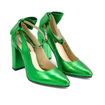 Pantofi dama din piele naturala verde deschis metalizat, cu varf ascutit si toc inalt gros imbracat 9 cm 50719-1-26 [3]
