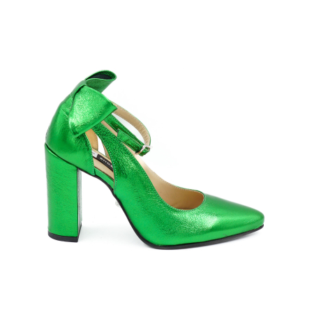 Pantofi dama din piele naturala verde deschis metalizat, cu varf ascutit si toc inalt gros imbracat 9 cm 50719-1-26 [1]