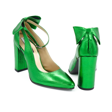 Pantofi dama din piele naturala verde deschis metalizat, cu varf ascutit si toc inalt gros imbracat 9 cm 50719-1-26 [0]