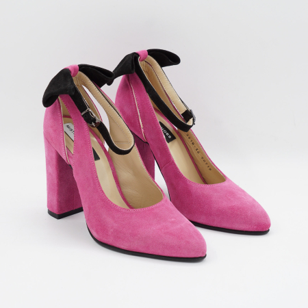 Pantofi dama din piele naturala intoarsa roz fucsia, cu varf ascutit si toc inalt gros imbracat 9 cm 50719-26 [1]