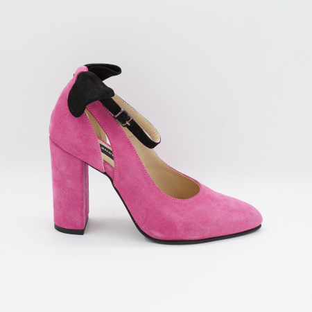 Pantofi dama - Pantofi dama din piele naturala intoarsa roz fucsia, cu varf ascutit si toc inalt gros imbracat 9 cm 50719-26