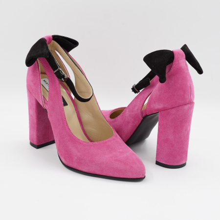 Pantofi dama din piele naturala intoarsa roz fucsia, cu varf ascutit si toc inalt gros imbracat 9 cm 50719-26 [3]