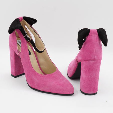 Pantofi dama din piele naturala intoarsa roz fucsia, cu varf ascutit si toc inalt gros imbracat 9 cm 50719-26 [2]