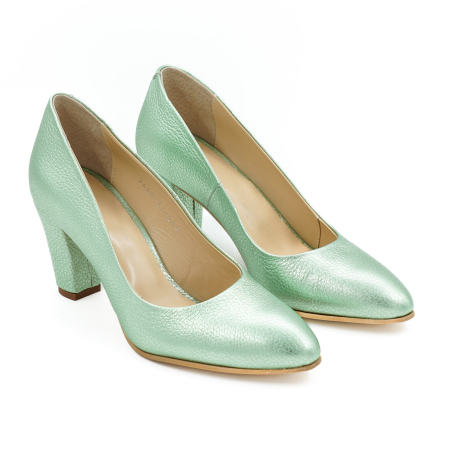 Pantofi dama din piele naturala verde deschis sidefat, cu varf ascutit si toc mediu gros imbracat de 7 cm 0449-13-26 [2]